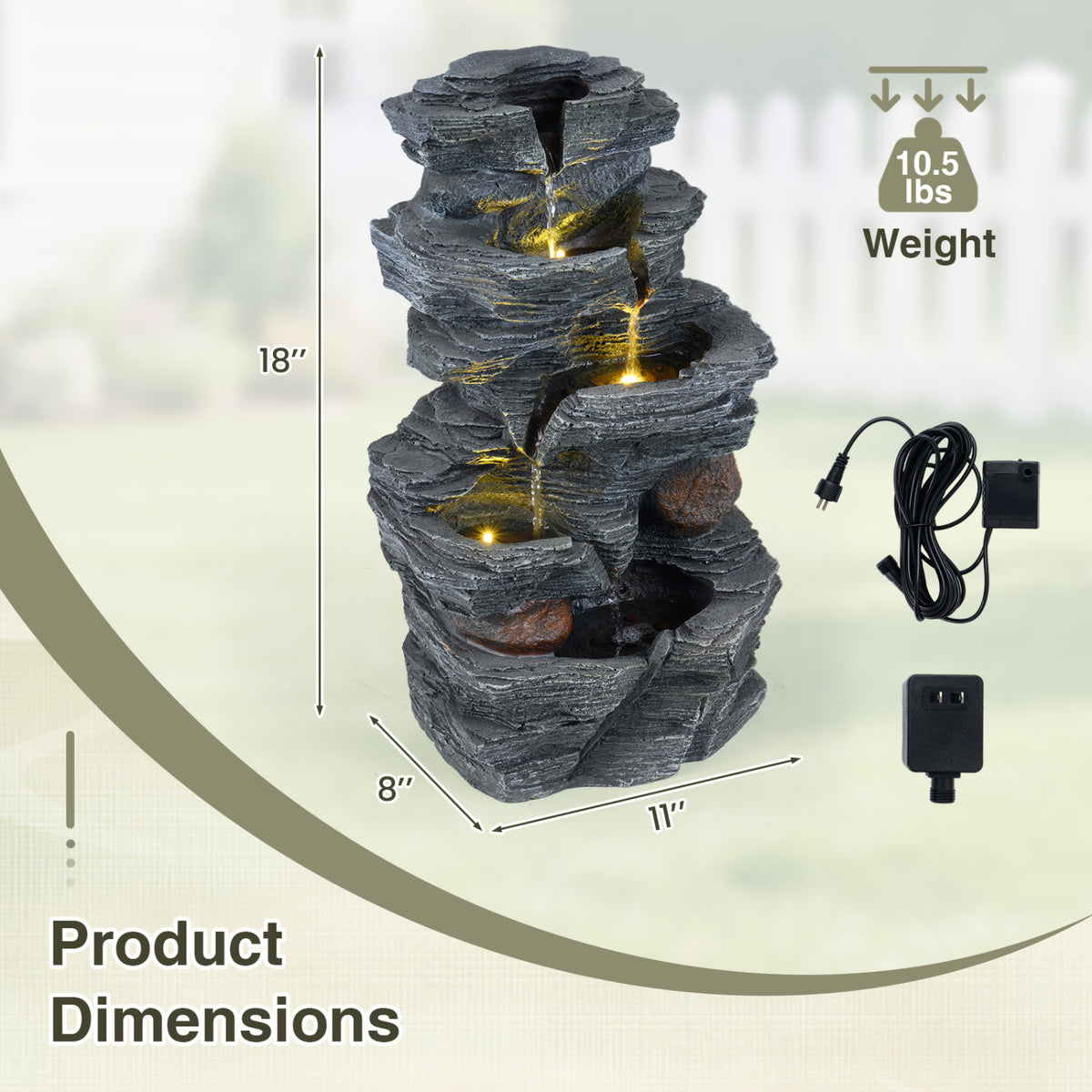 Outdoor Water Fountain with LED Lights and Pump 5-Tier Tabletop Cascading Rock Waterfall Feature