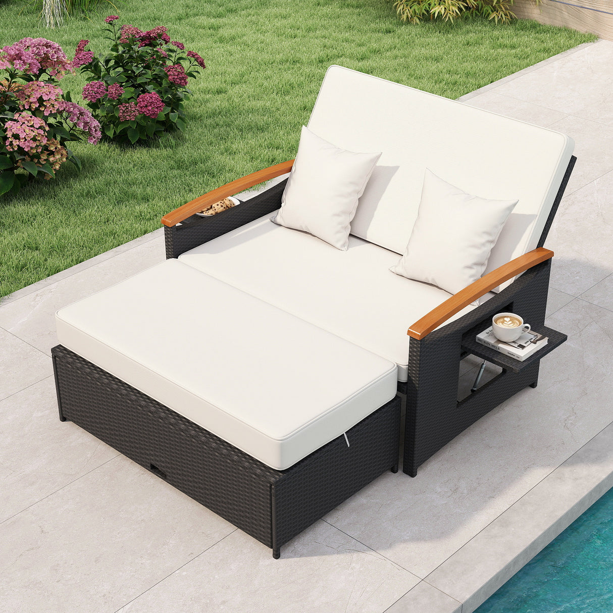 Outdoor Wicker Daybed with Folding Panels and Storage Ottoman-White