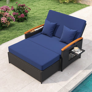 Outdoor Wicker Daybed with Folding Panels and Storage Ottoman-Dark Blue