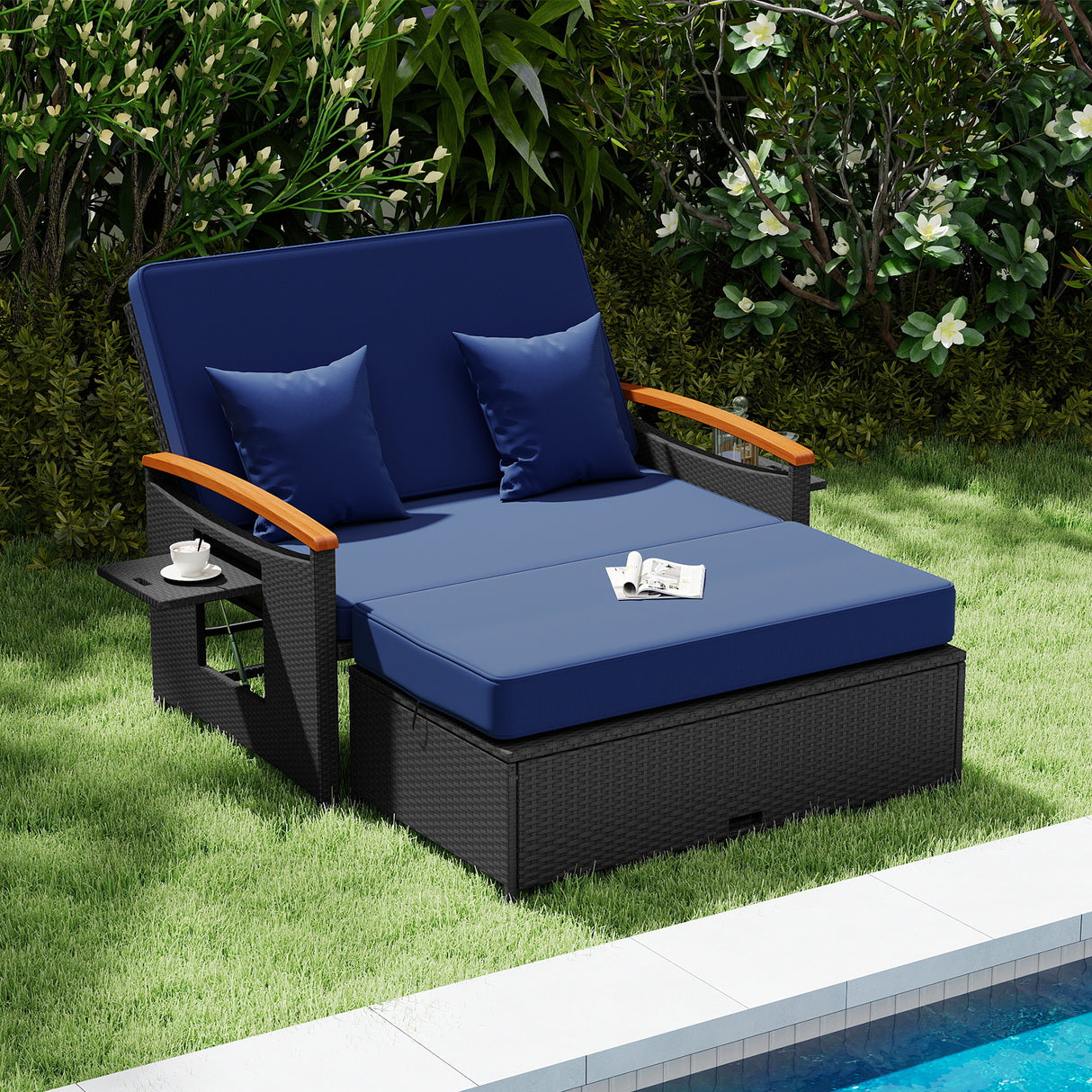 Outdoor Wicker Daybed with Folding Panels and Storage Ottoman-Dark Blue