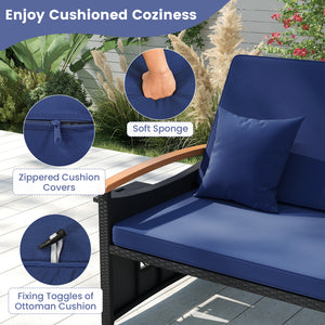 Outdoor Wicker Daybed with Folding Panels and Storage Ottoman-Dark Blue