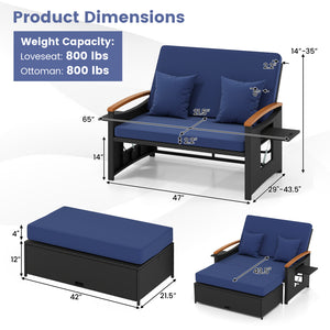 Outdoor Wicker Daybed with Folding Panels and Storage Ottoman-Dark Blue