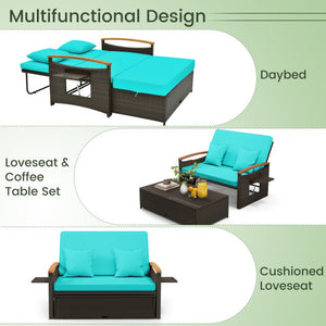 Outdoor Wicker Daybed with Folding Panels and Storage Ottoman-Green
