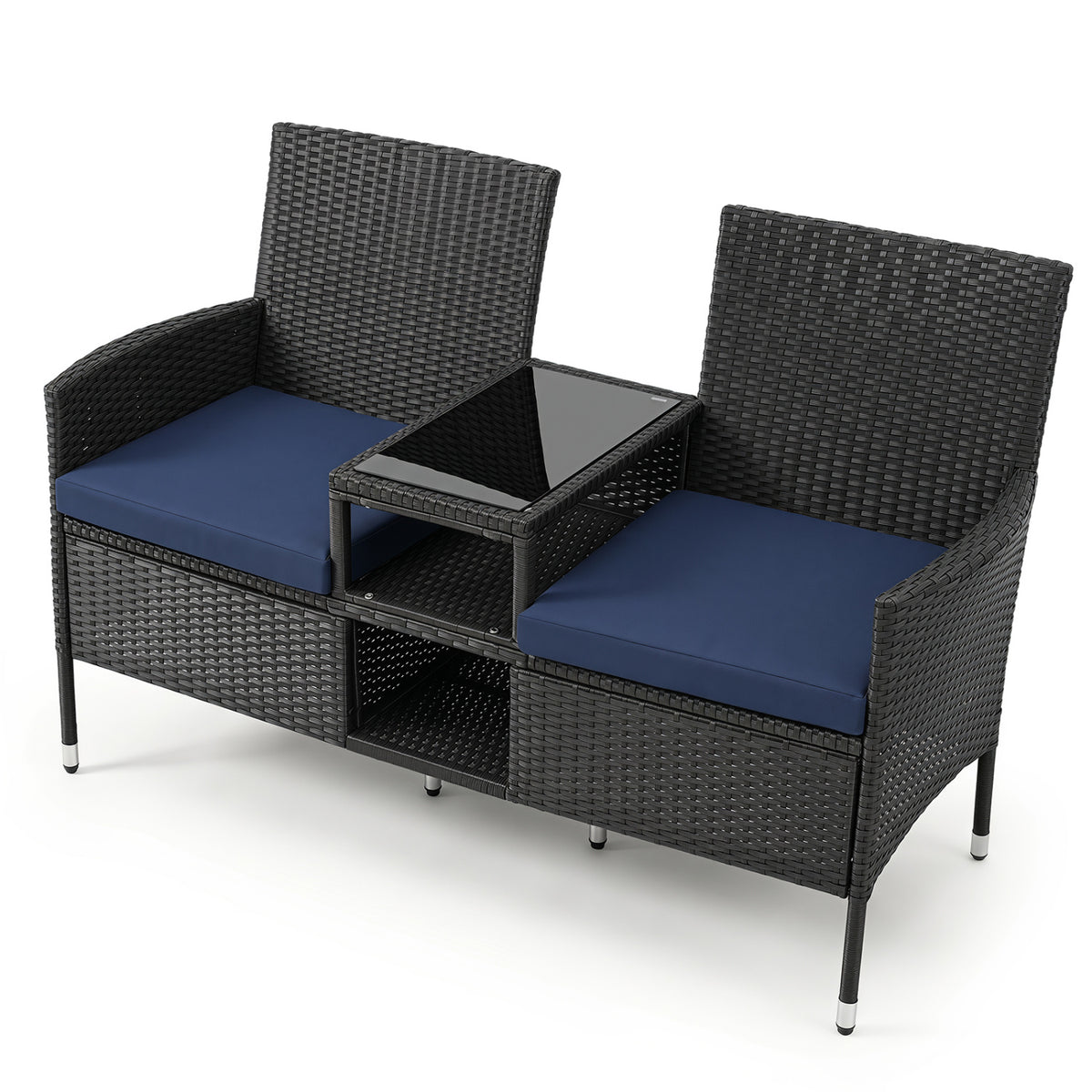 Outdoor Wicker Patio Loveseat with Built-in Glass Side Table-Navy
