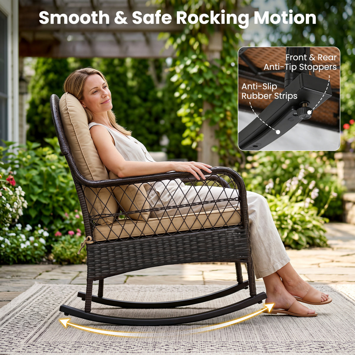 Outdoor Wicker Rocking Chair with Anti-Tip Stoppers 400 LBS for Porch Deck-Brown