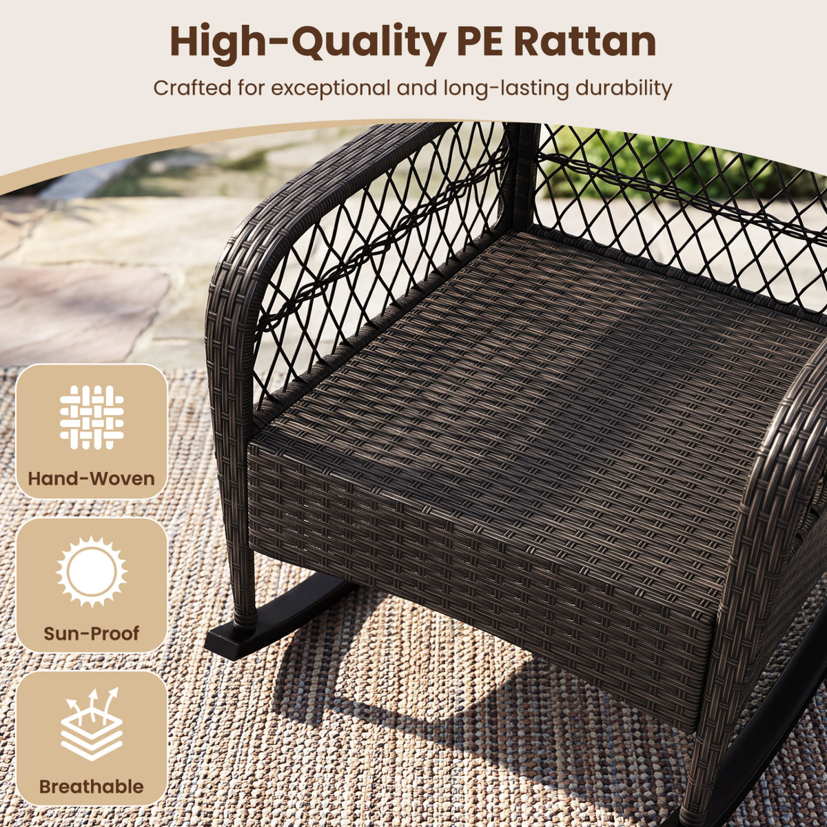 Outdoor Wicker Rocking Chair with Anti-Tip Stoppers 400 LBS for Porch Deck-Brown