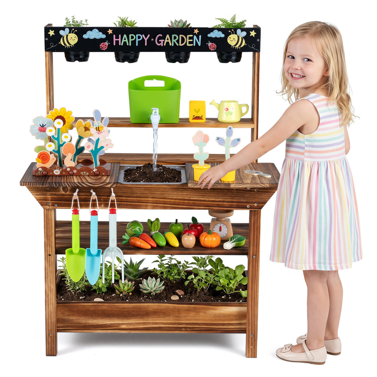 Outdoor Wood Mud Kitchen with Water Faucet and Planter for Kids Age 3+-Brown