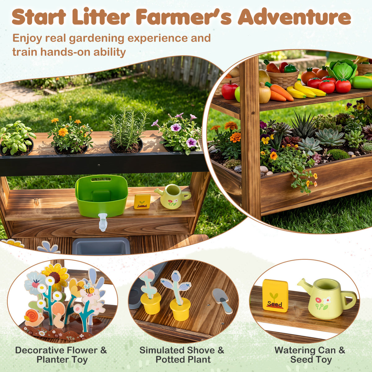 Outdoor Wood Mud Kitchen with Water Faucet and Planter for Kids Age 3+-Brown