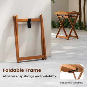 Outdoor Wood Tray Table Portable Side End Table with Folding Frame