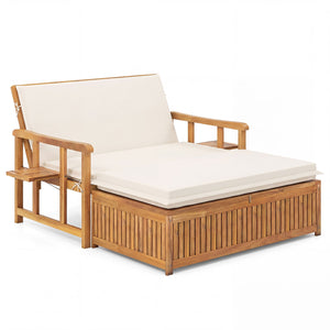 Outdoor Wooden Daybed with 4-Level Backrest and Removable Cushions-White