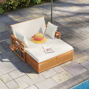 Outdoor Wooden Daybed with 4-Level Backrest and Removable Cushions-White