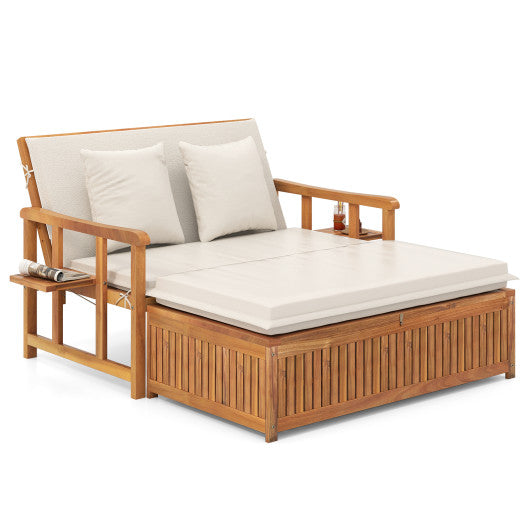 Outdoor Wooden Daybed with 4-Level Backrest and Removable Cushions-White
