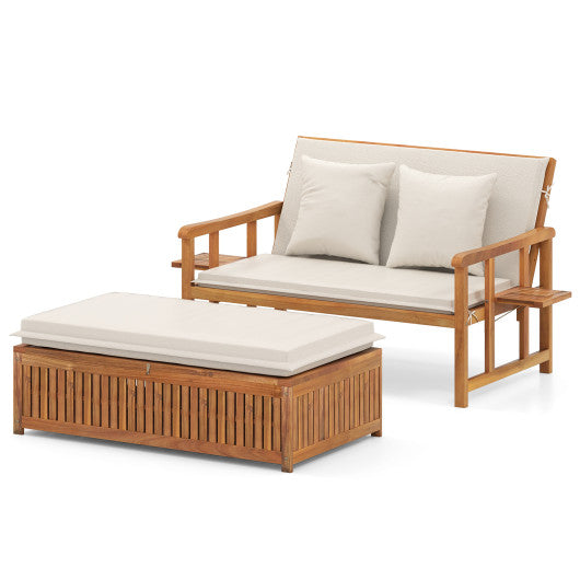 Outdoor Wooden Daybed with 4-Level Backrest and Removable Cushions-White