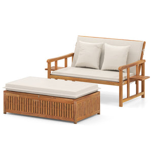 Outdoor Wooden Daybed with 4-Level Backrest and Removable Cushions-White