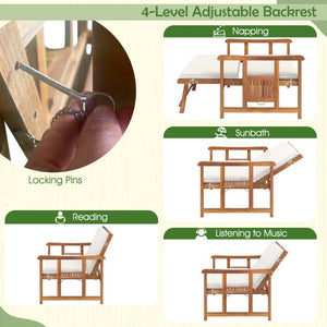 Outdoor Wooden Daybed with 4-Level Backrest and Removable Cushions-White