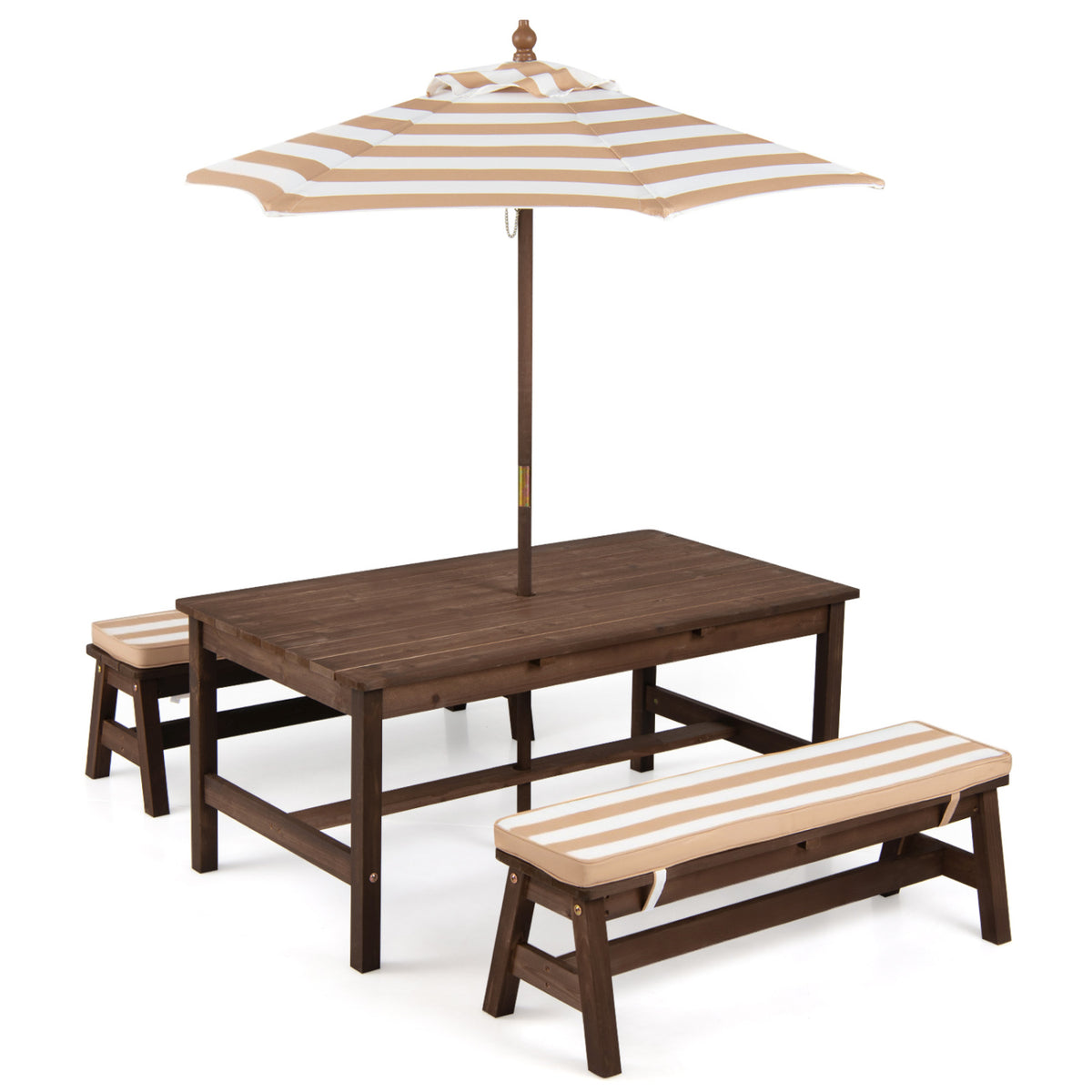 Outdoor Wooden Kids Picnic Table with Removable Umbrella and Cushions-Coffee