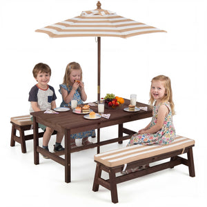 Outdoor Wooden Kids Picnic Table with Removable Umbrella and Cushions-Coffee