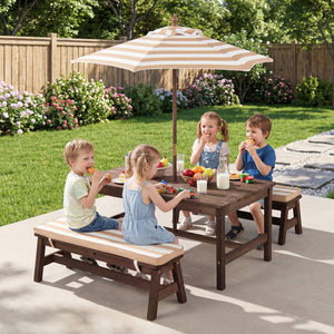 Outdoor Wooden Kids Picnic Table with Removable Umbrella and Cushions-Coffee