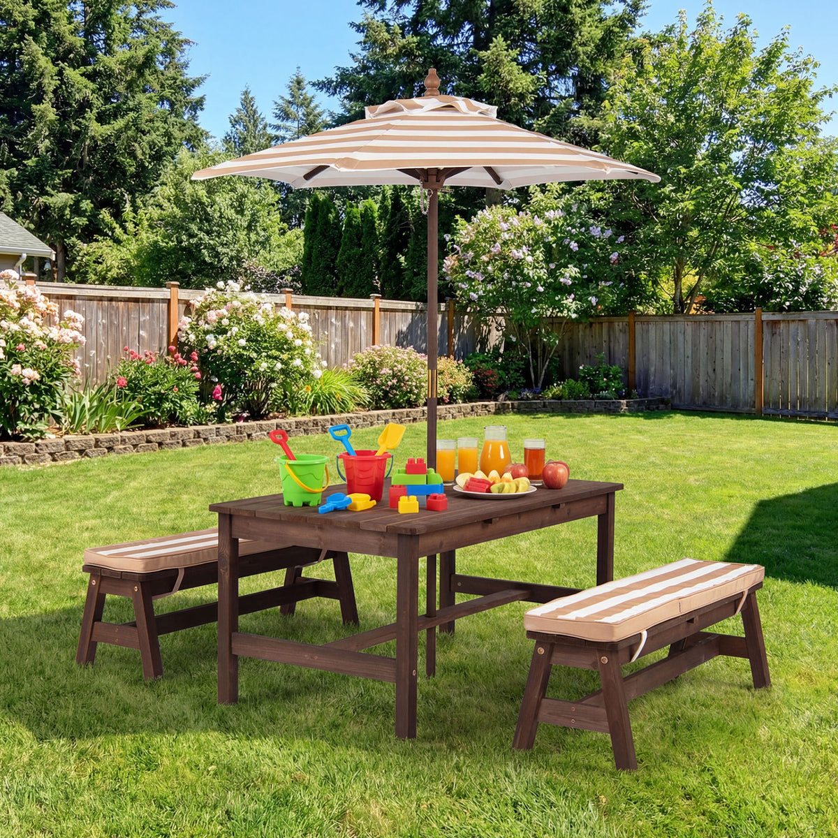 Outdoor Wooden Kids Picnic Table with Removable Umbrella and Cushions-Coffee