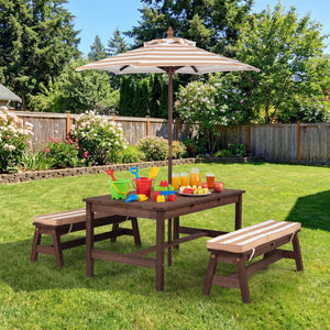 Outdoor Wooden Kids Picnic Table with Removable Umbrella and Cushions-Coffee