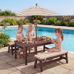 Outdoor Wooden Kids Picnic Table with Removable Umbrella and Cushions-Coffee