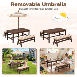 Outdoor Wooden Kids Picnic Table with Removable Umbrella and Cushions-Coffee