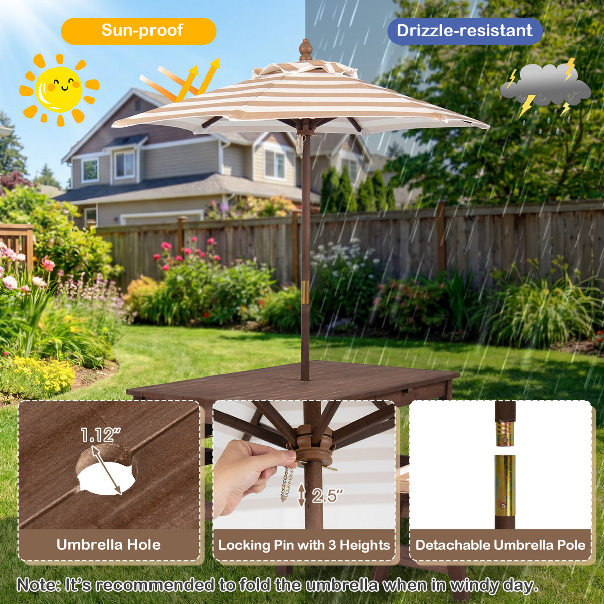 Outdoor Wooden Kids Picnic Table with Removable Umbrella and Cushions-Coffee
