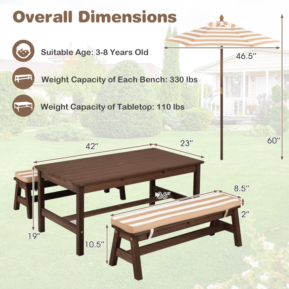 Outdoor Wooden Kids Picnic Table with Removable Umbrella and Cushions-Coffee