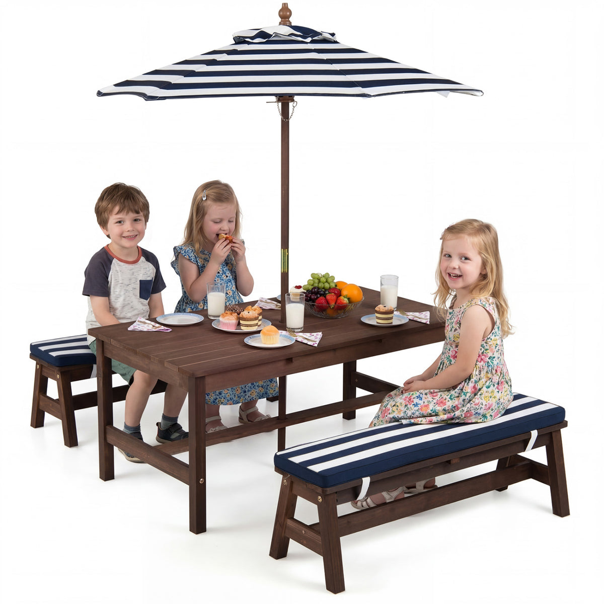Outdoor Wooden Kids Picnic Table with Removable Umbrella and Cushions-Blue