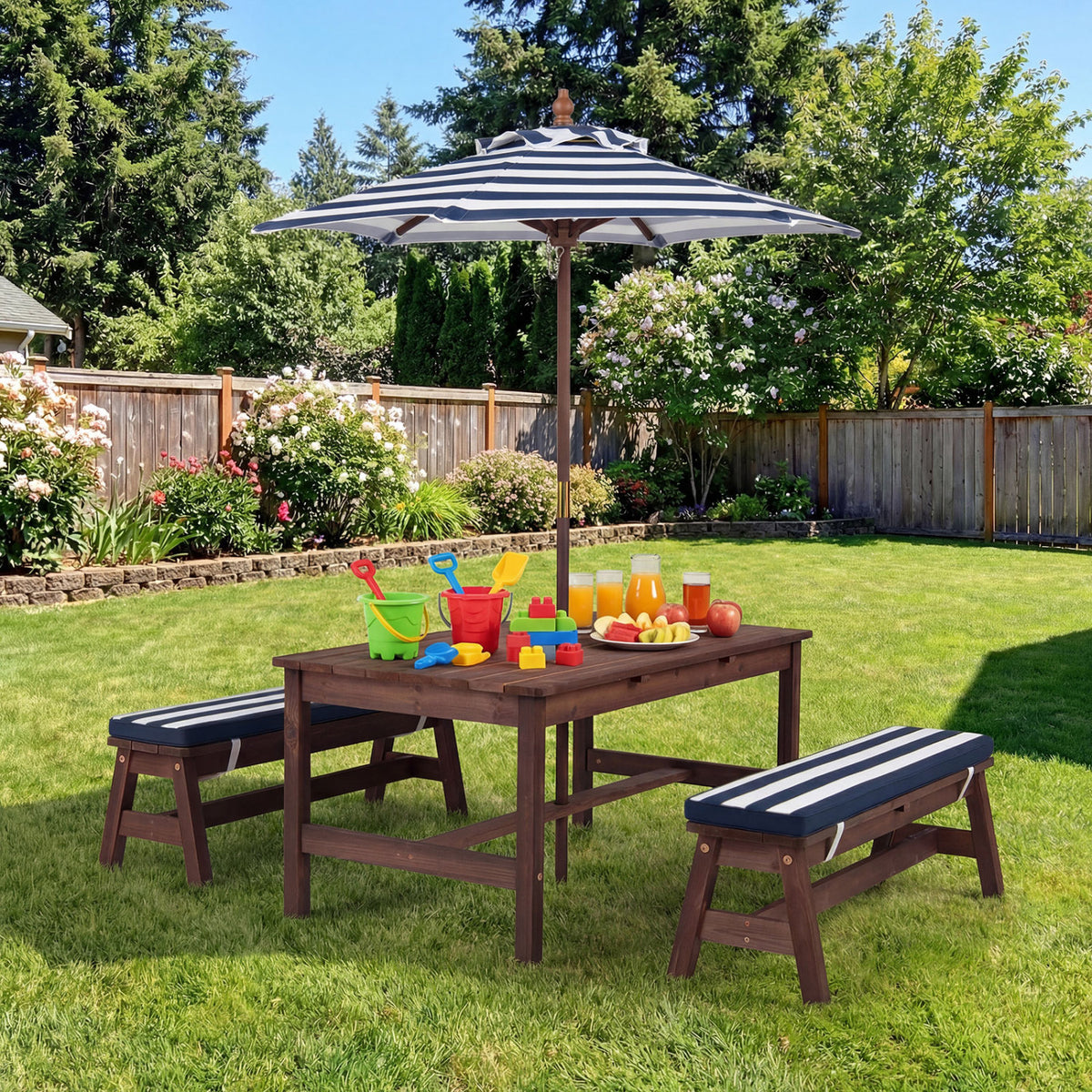 Outdoor Wooden Kids Picnic Table with Removable Umbrella and Cushions-Blue