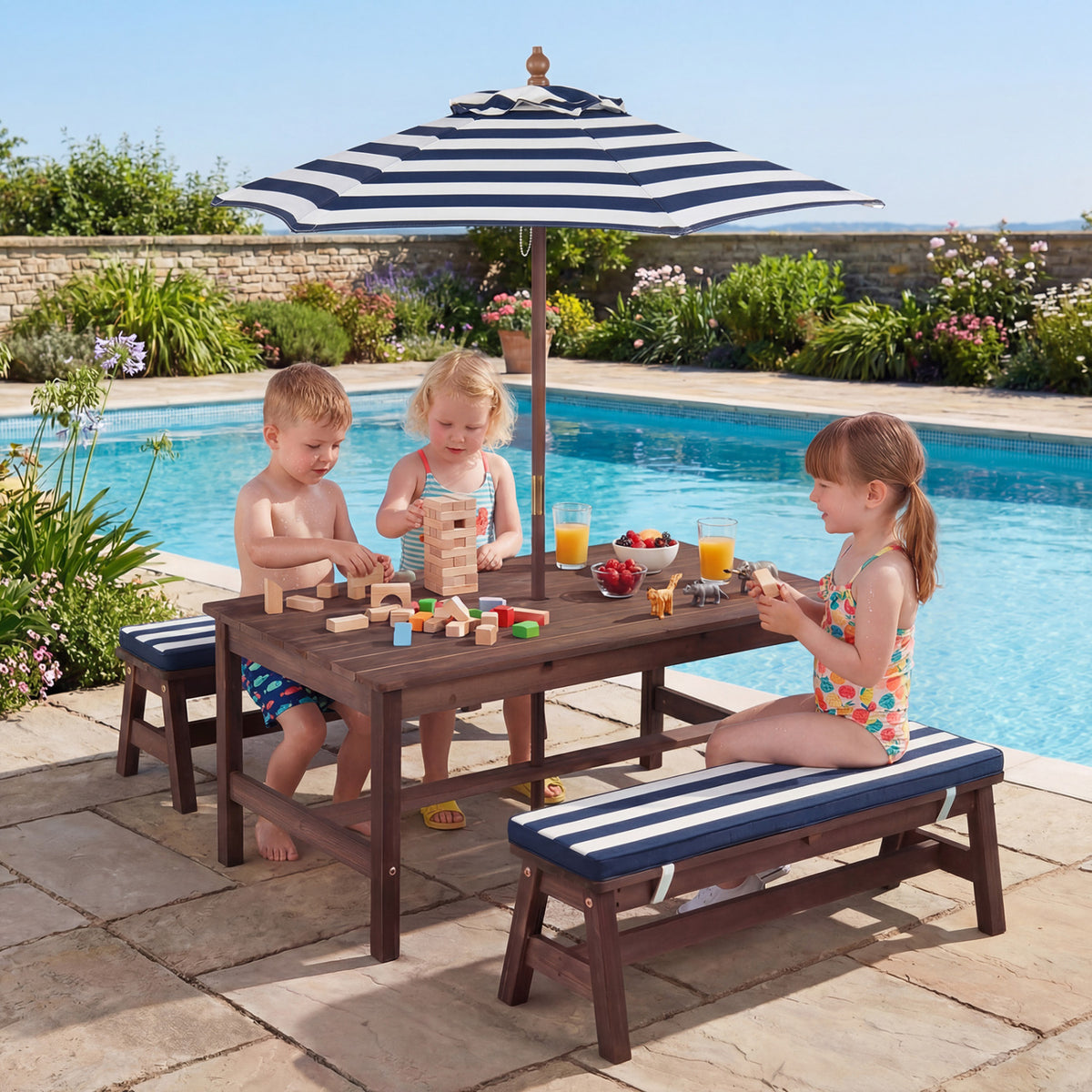 Outdoor Wooden Kids Picnic Table with Removable Umbrella and Cushions-Blue