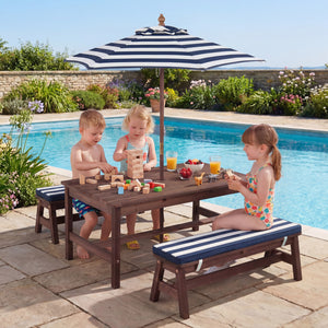 Outdoor Wooden Kids Picnic Table with Removable Umbrella and Cushions-Blue