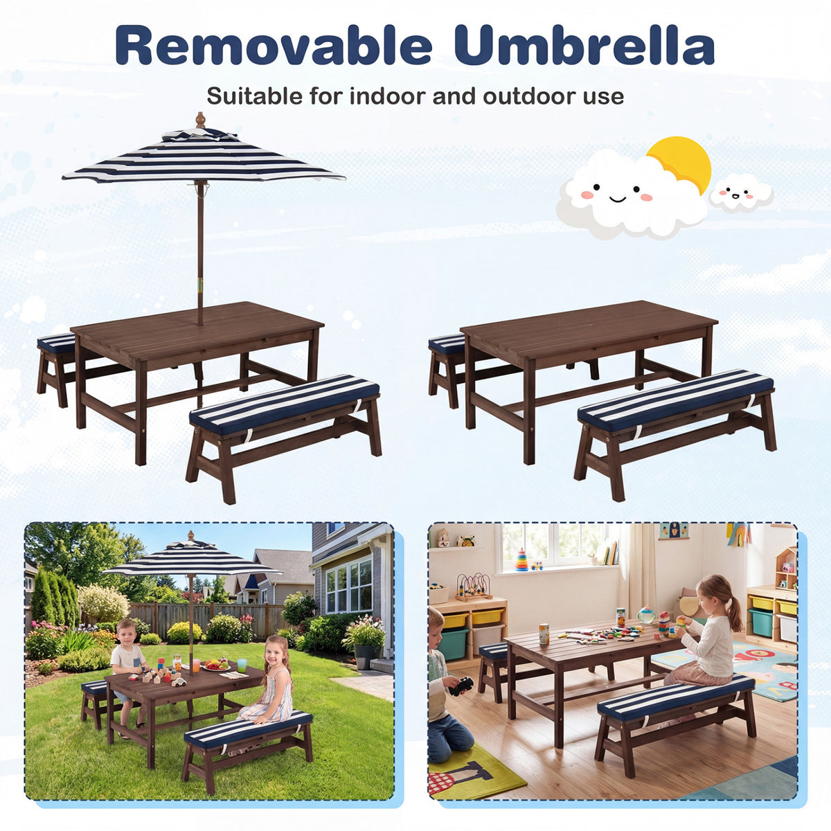 Outdoor Wooden Kids Picnic Table with Removable Umbrella and Cushions-Blue