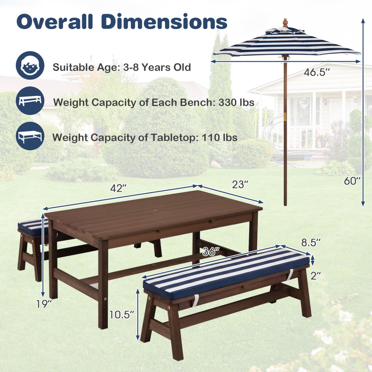 Outdoor Wooden Kids Picnic Table with Removable Umbrella and Cushions-Blue
