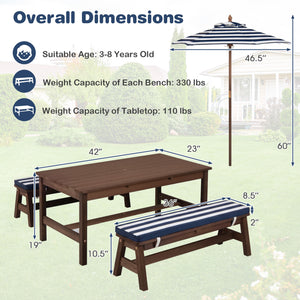 Outdoor Wooden Kids Picnic Table with Removable Umbrella and Cushions-Blue
