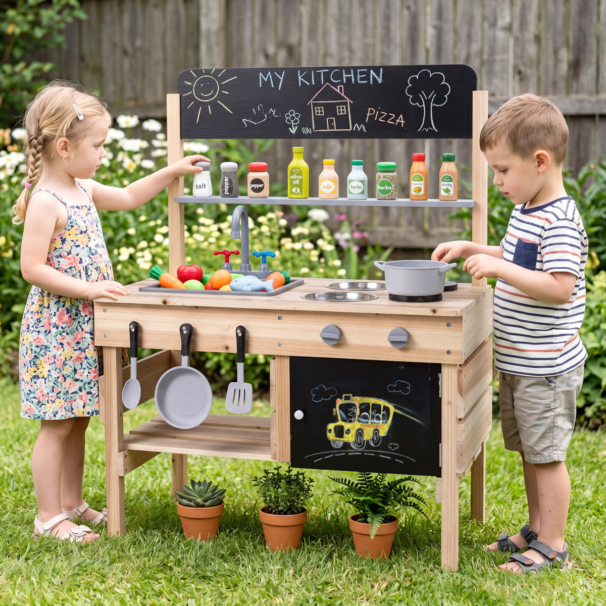 Outdoor Wooden Mud Kitchen for Kids with Sink and Stoves-Natural