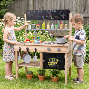 Outdoor Wooden Mud Kitchen for Kids with Sink and Stoves-Natural