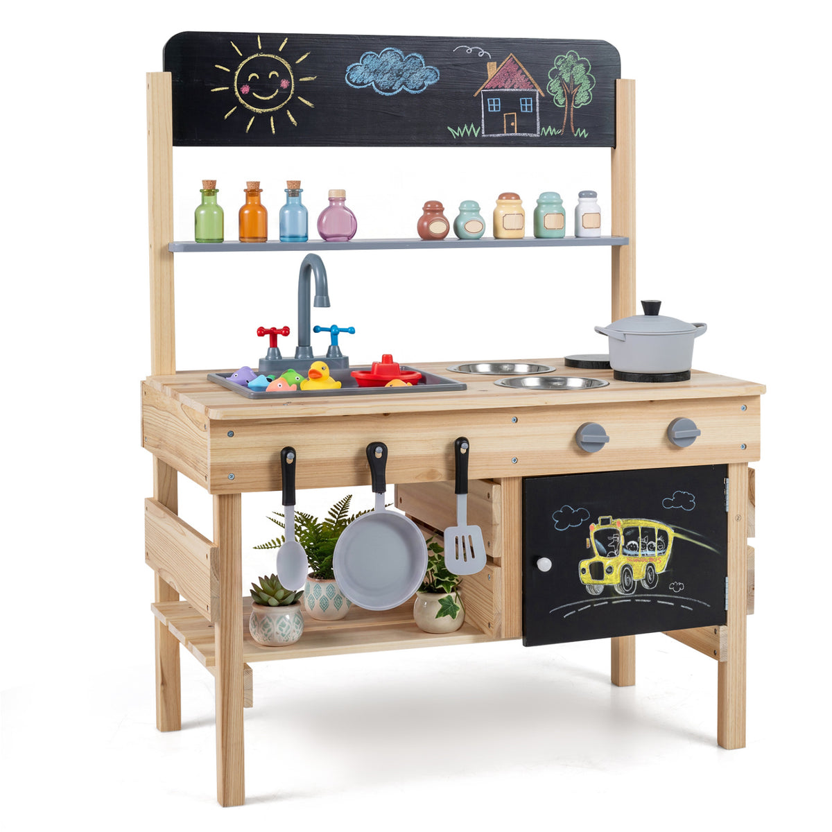 Outdoor Wooden Mud Kitchen for Kids with Sink and Stoves-Natural