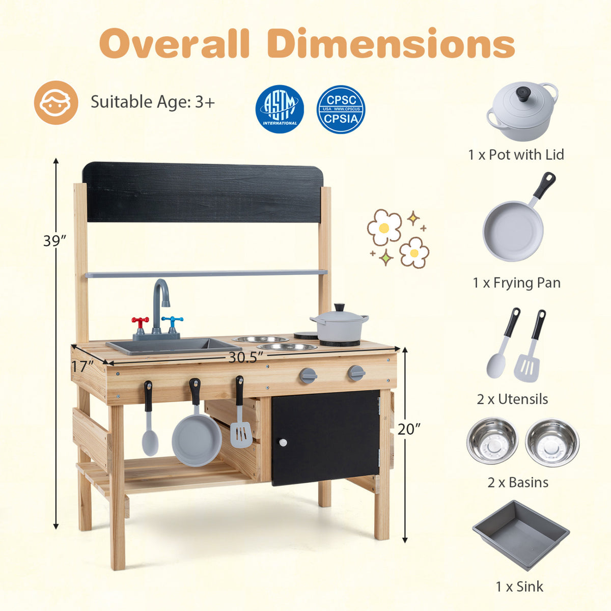 Outdoor Wooden Mud Kitchen for Kids with Sink and Stoves-Natural