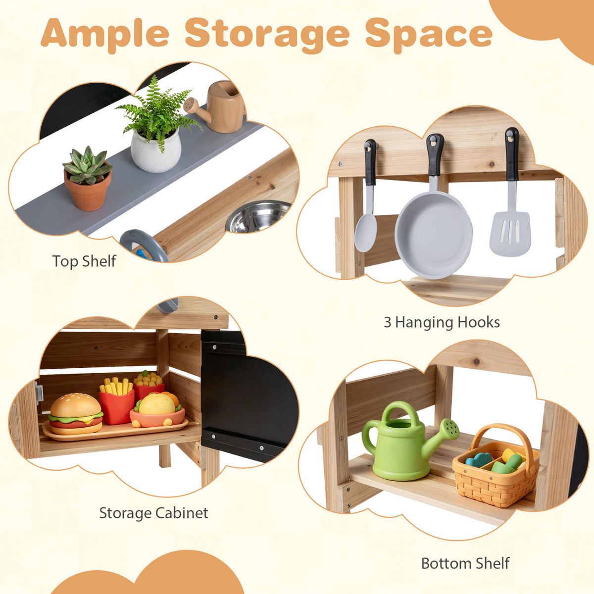 Outdoor Wooden Mud Kitchen for Kids with Sink and Stoves-Natural