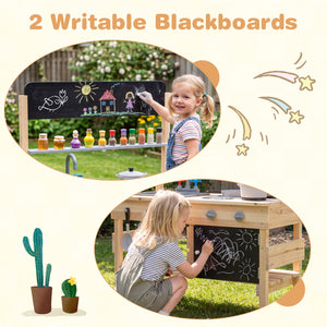 Outdoor Wooden Mud Kitchen for Kids with Sink and Stoves-Natural
