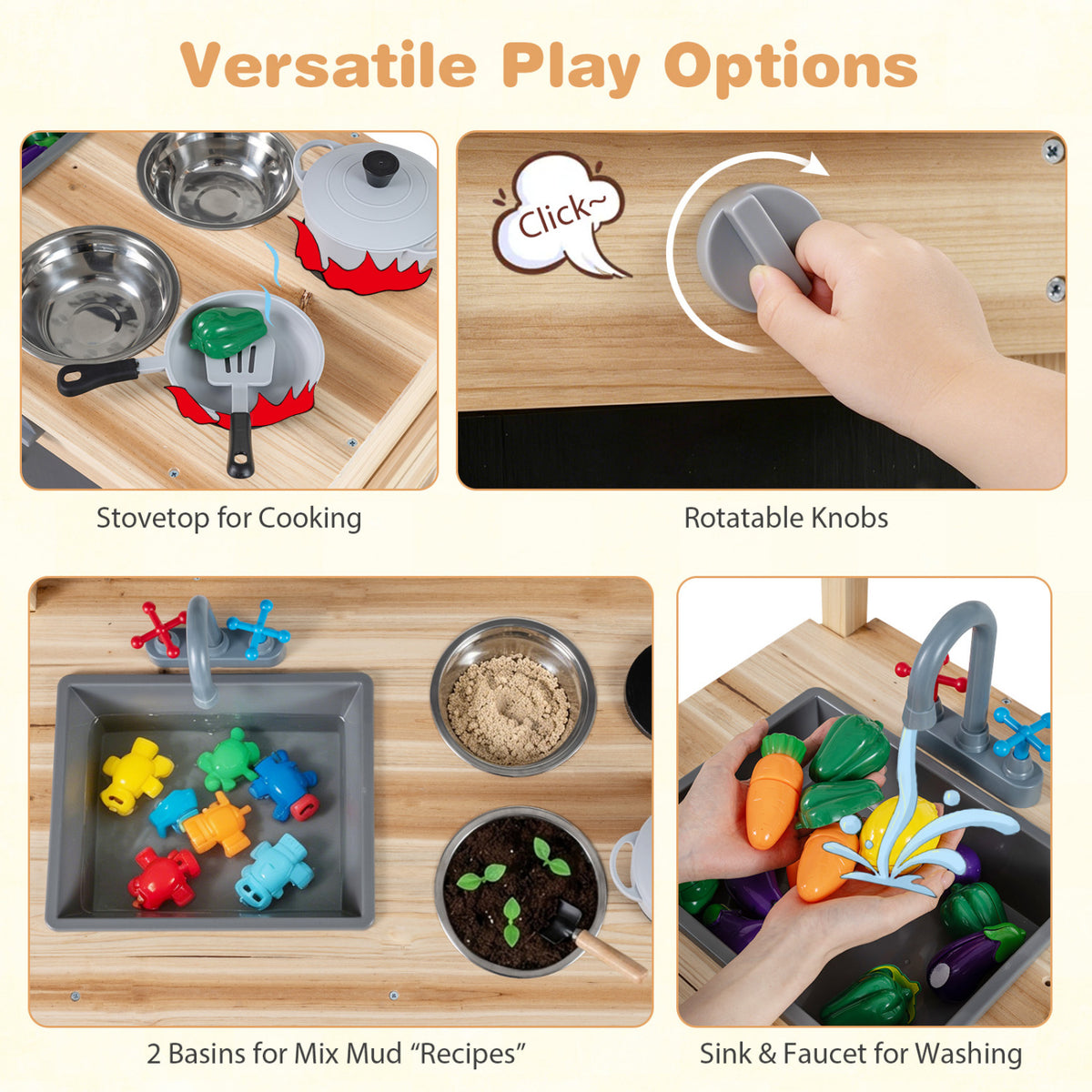 Outdoor Wooden Mud Kitchen for Kids with Sink and Stoves-Natural