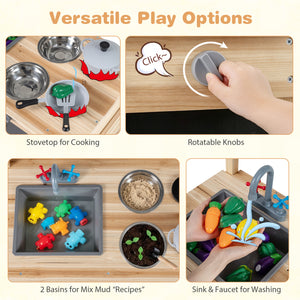 Outdoor Wooden Mud Kitchen for Kids with Sink and Stoves-Natural