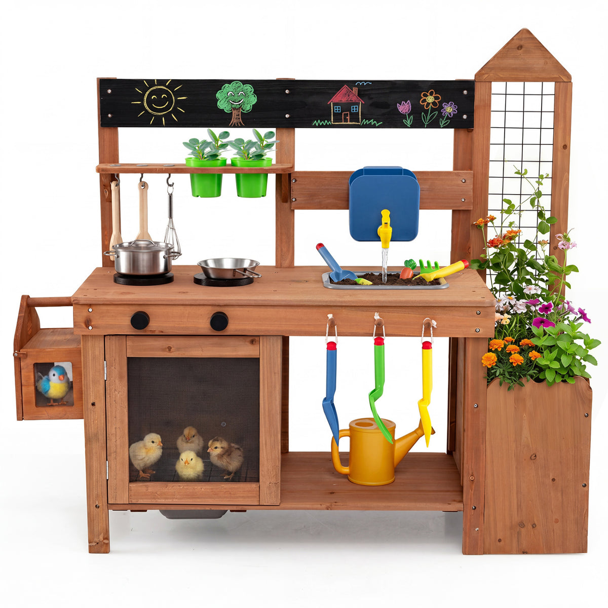 Outdoor Wooden Mud Kitchen with Planter Box and Sink for Toddlers-Natural