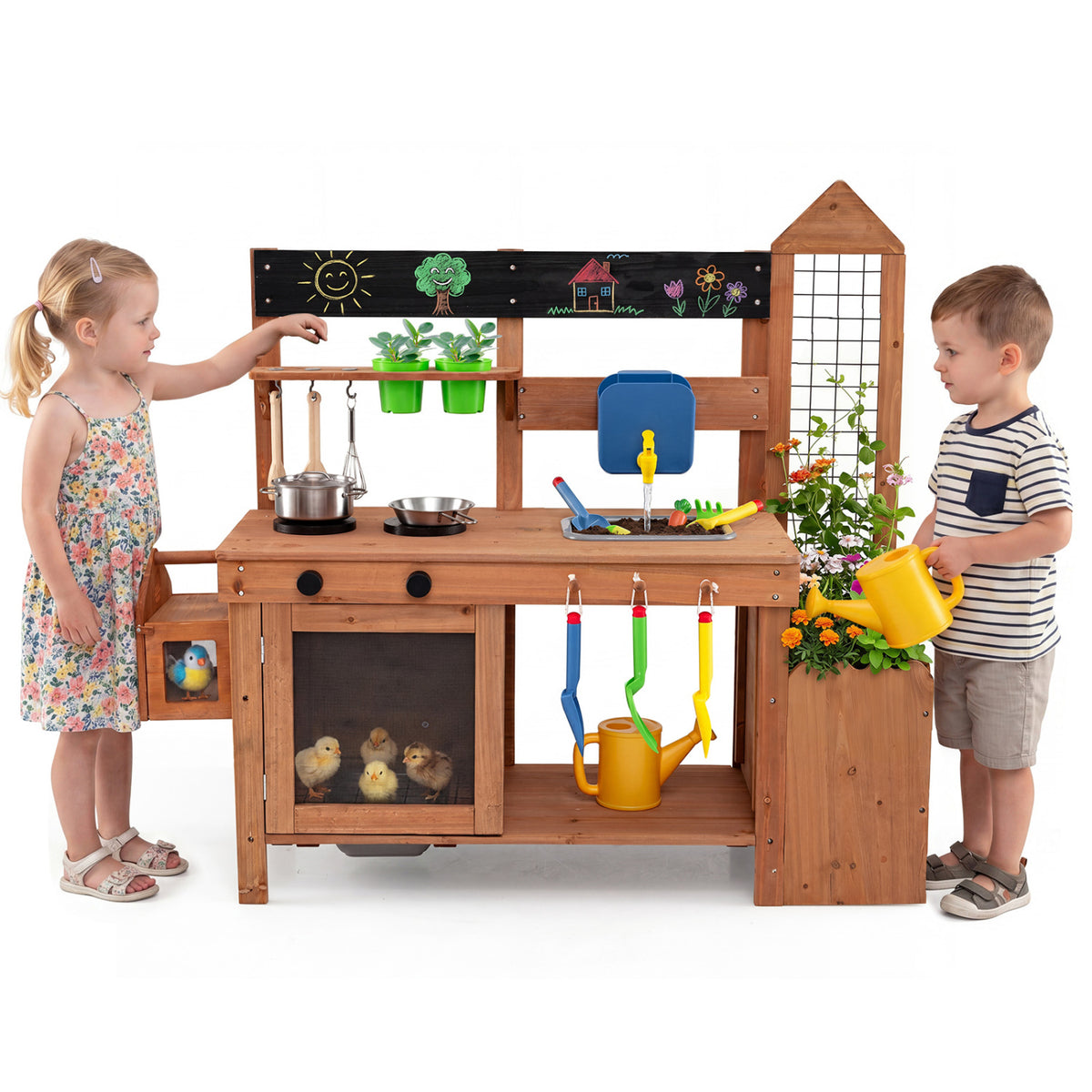 Outdoor Wooden Mud Kitchen with Planter Box and Sink for Toddlers-Natural