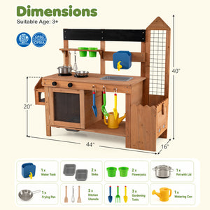 Outdoor Wooden Mud Kitchen with Planter Box and Sink for Toddlers-Natural