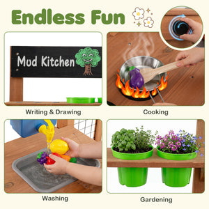 Outdoor Wooden Mud Kitchen with Planter Box and Sink for Toddlers-Natural