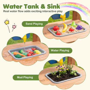 Outdoor Wooden Mud Kitchen with Planter Box and Sink for Toddlers-Natural