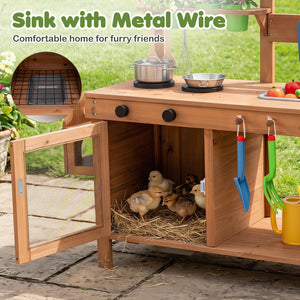 Outdoor Wooden Mud Kitchen with Planter Box and Sink for Toddlers-Natural