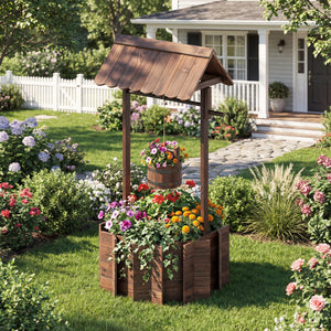 Outdoor Wooden Wishing Well Planter Bucket